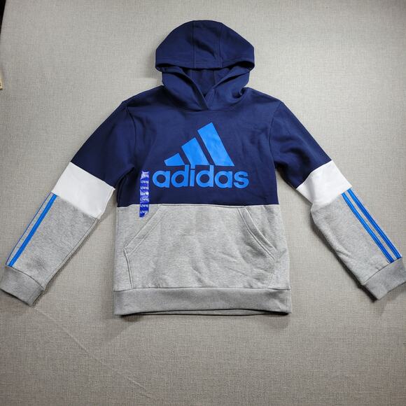 Adidas Youth Hoodie Size L 14/16 Navy Grey‎ Spell Out Logo Fleece Pullover NEW - Picture 1 of 14
